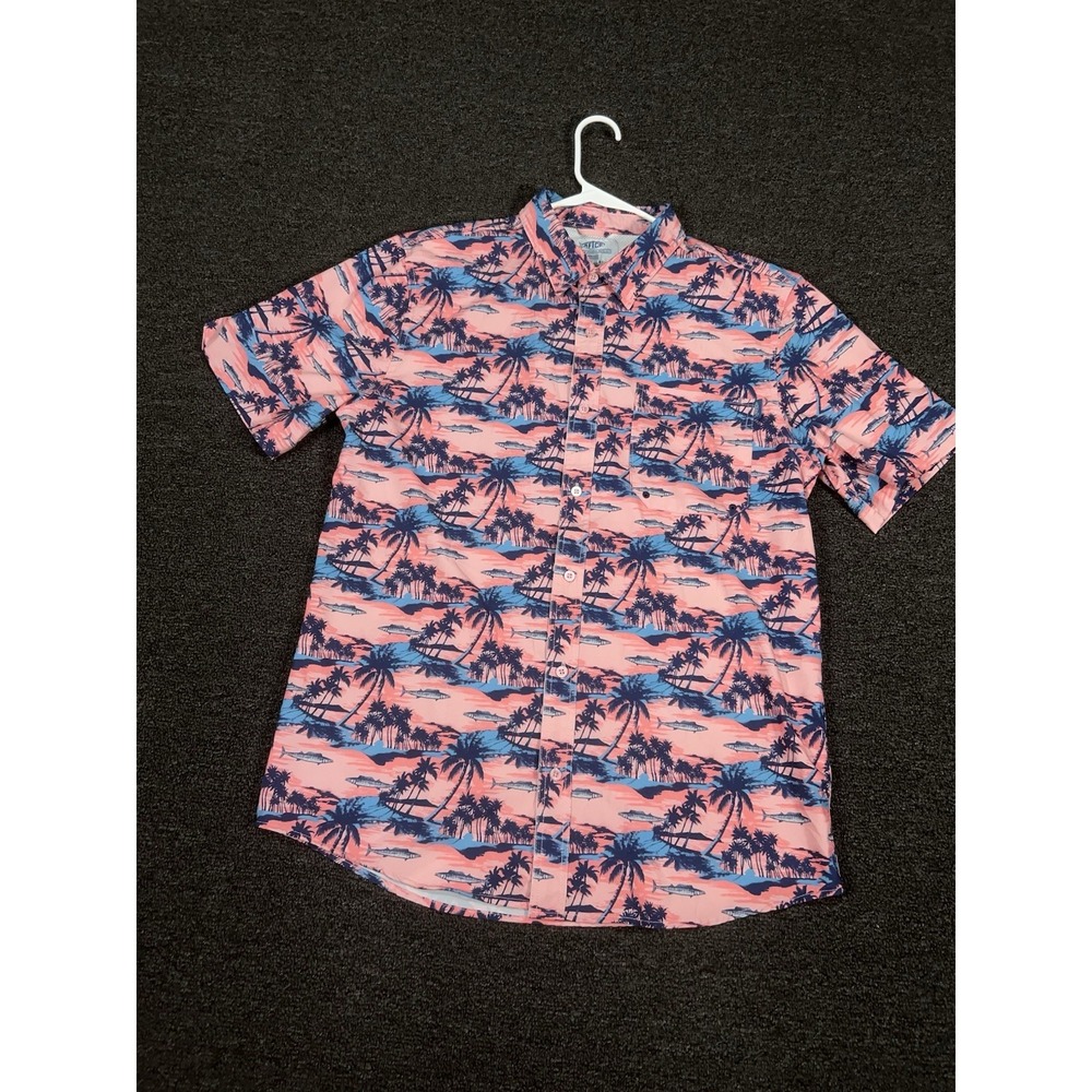 AFTCO Shirt Men Medium Aftech Performance Captains Lounge Fish Short Sleeve Pink